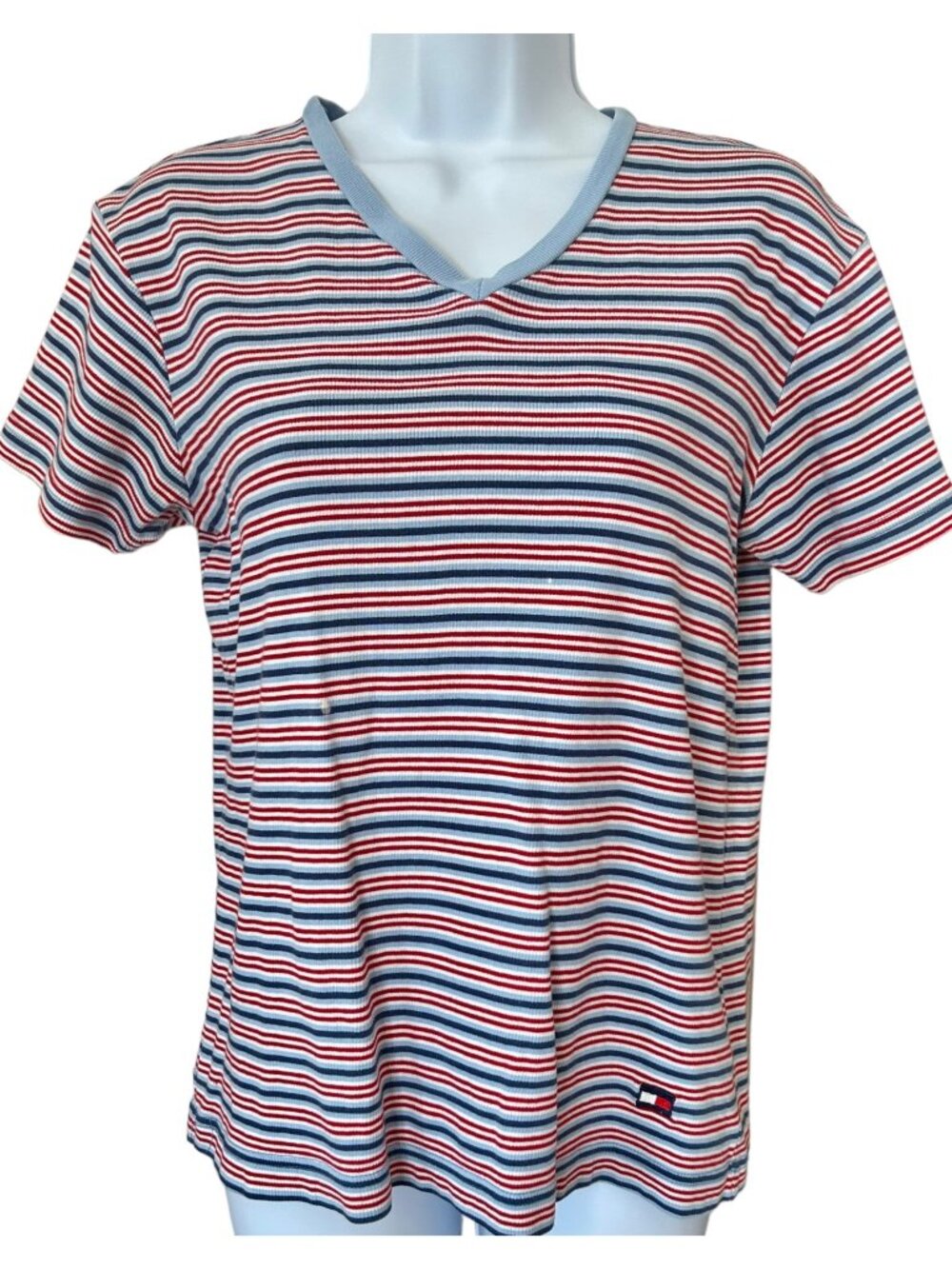 Vintage 90s Tommy Hilfiger Striped Shirt red white blue preppy v neck y2k